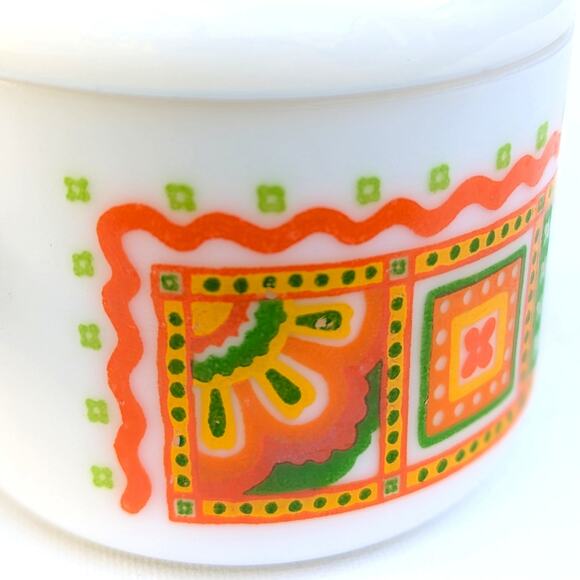 Vintage 1970s Avon Milk Glass Jar Unopened Candle Orange Green Yellow Mod Design - Picture 5 of 12